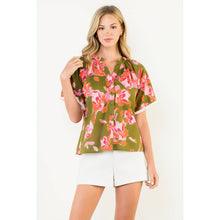 Load image into Gallery viewer, Button Down V-Neck Fringe Sleeve Floral Top