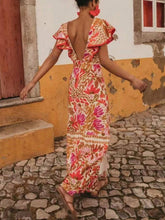 Load image into Gallery viewer, Stylish Ruffled Split Positional Print Backless Dress