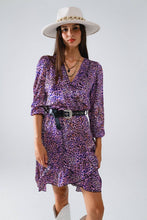 Load image into Gallery viewer, Purple Animal Print Wrap Dress With Ruffle Skirt