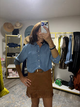 Load image into Gallery viewer, Vegan Suede Star Fringe Mini Skirt