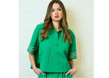 Load image into Gallery viewer, Green Glitter Striped Sleeve Polo Shirt