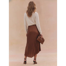 Load image into Gallery viewer, BLACK FAUX LEATHER ASYMMETRICAL HEM STARBURST PLEATING MIDI SKIRT