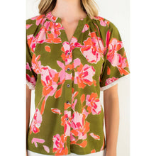 Load image into Gallery viewer, Button Down V-Neck Fringe Sleeve Floral Top