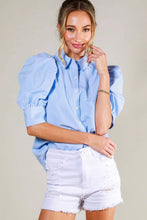 Load image into Gallery viewer, Collared Neck Short Puff Sleeve Striped Blouse VT81707