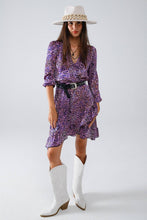 Load image into Gallery viewer, Purple Animal Print Wrap Dress With Ruffle Skirt