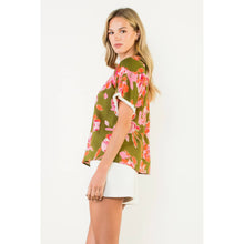 Load image into Gallery viewer, Button Down V-Neck Fringe Sleeve Floral Top