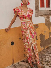 Load image into Gallery viewer, Stylish Ruffled Split Positional Print Backless Dress