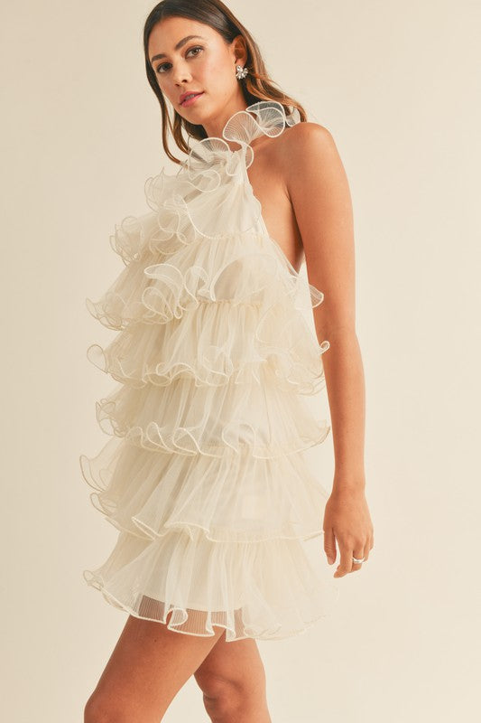 Cream Tiered Ruffle Halter Dress TRIO