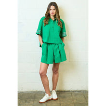 Load image into Gallery viewer, Green Glitter Striped Sleeve Polo Shirt