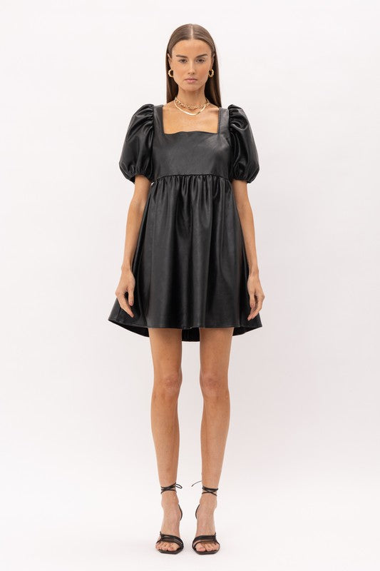 fitted lace wedding dress Black Faux Leather Puff Sleeve Dress – TRIO