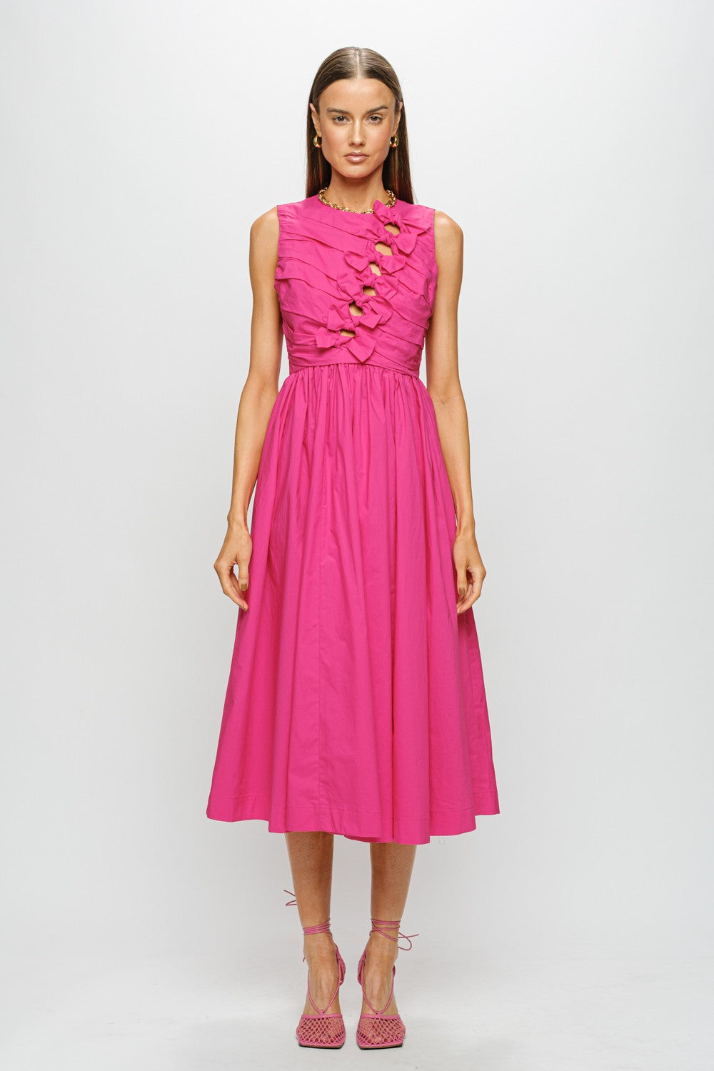 midi hot pink dresses Hot Pink Midi Dress with Tie Front Detail – TRIO