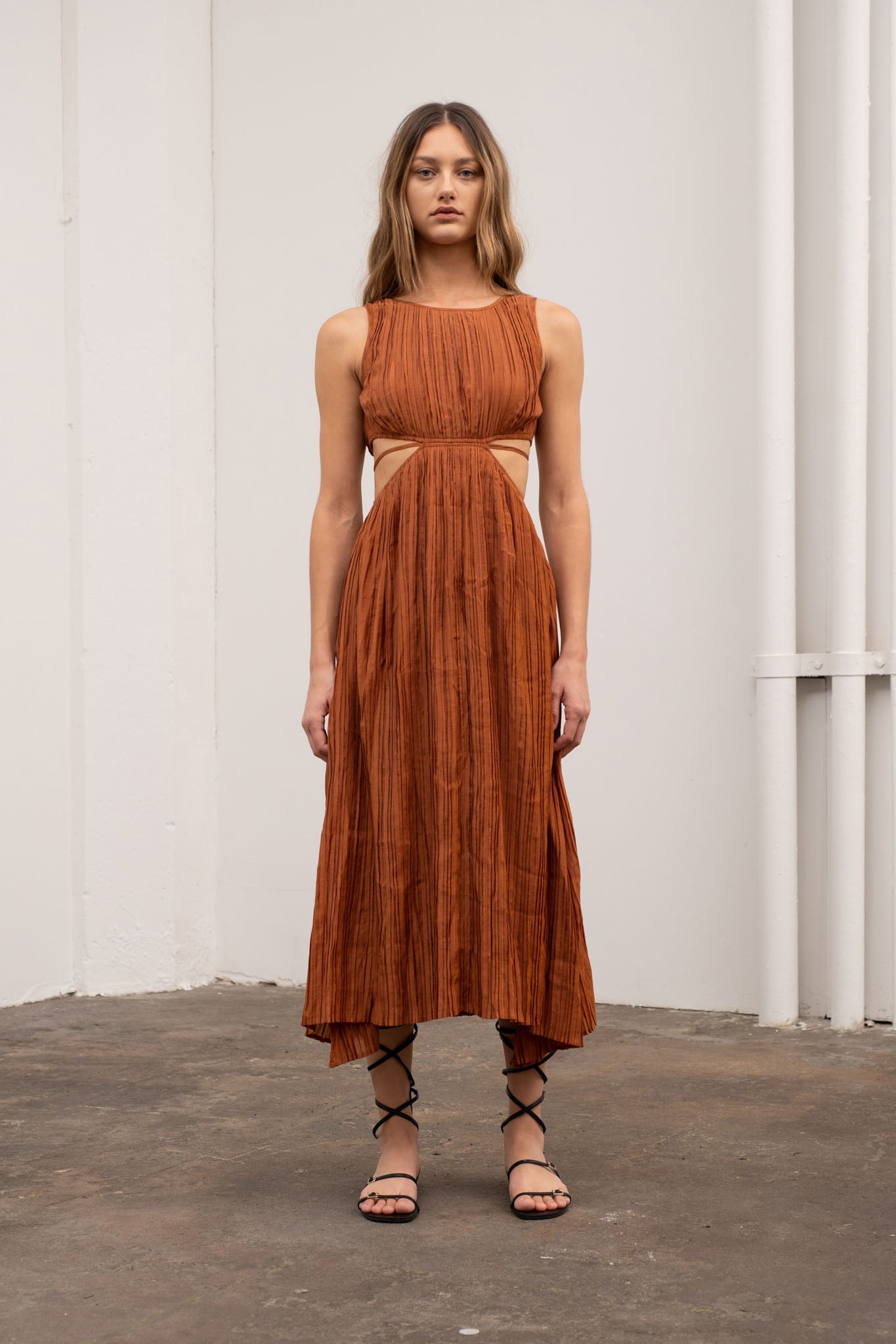 Pleated Maxi Dress with Side Cut Outs – TRIO