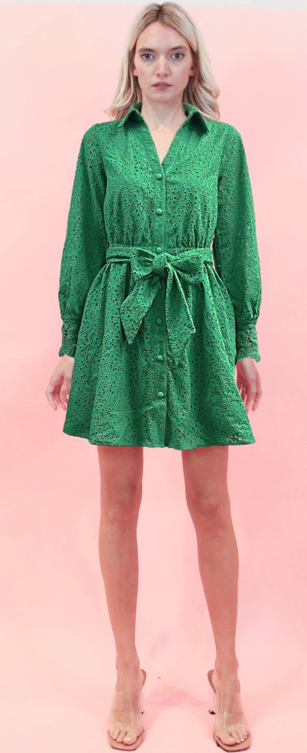 knee length dresses for ladies Kelly Green Long Sleeve Eyelet Dress – TRIO