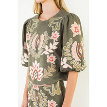Load image into Gallery viewer, Suede Puff Sleeve Embroidered Flower Top
