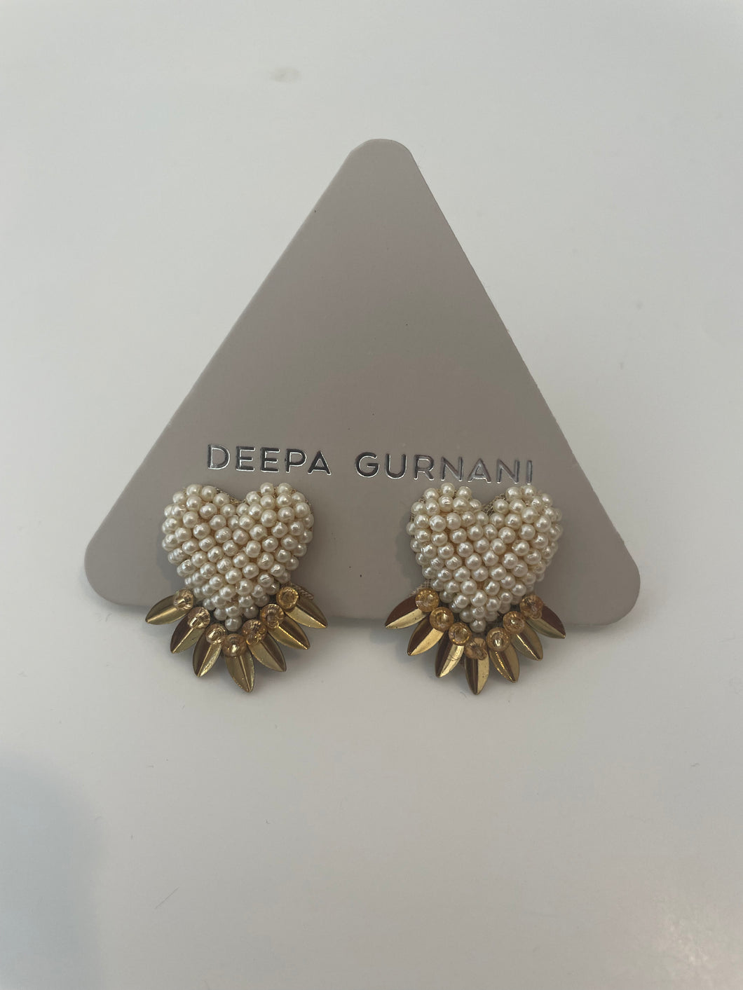 Beaded White Heart Earrings with Gold Spikes