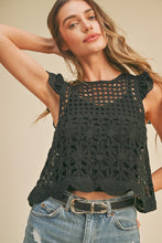 Load image into Gallery viewer, Black Crochet Flutter Sleeve Top
