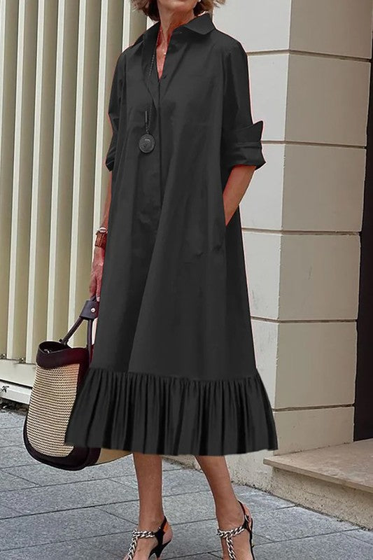 Black Poplin Long Sleeve Dress