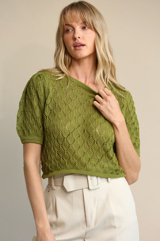 OLIVE GREEN OPEN KNIT SWEATER