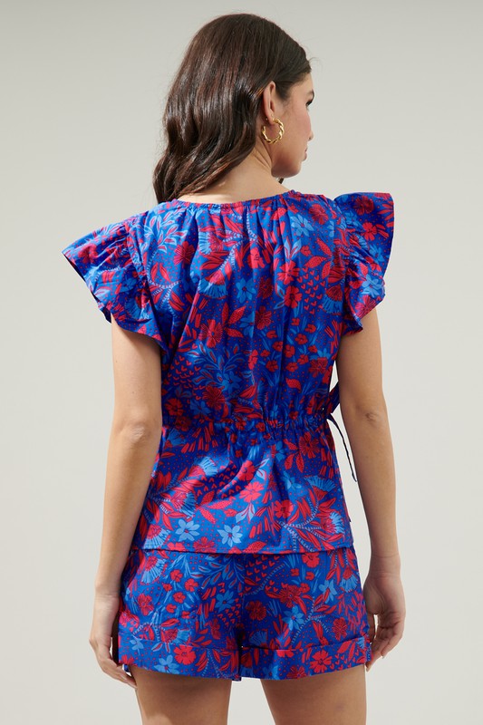 Red and Blue Peplum Floral Blouse