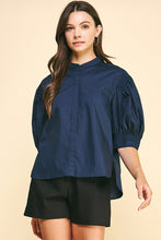 Load image into Gallery viewer, Navy Mandarin Collar Button Down Blouse

