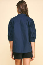 Load image into Gallery viewer, Navy Mandarin Collar Button Down Blouse
