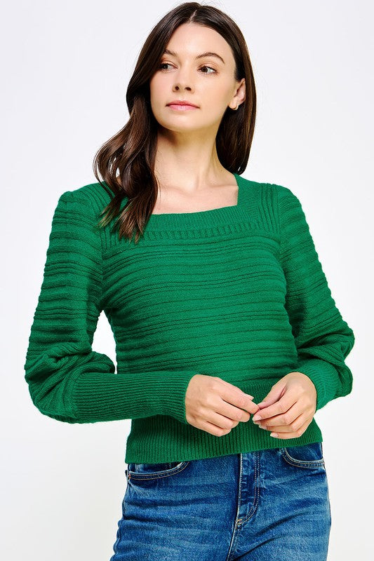 Green Square Neck Ribbed Sweater