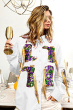 Load image into Gallery viewer, Mardi Gras Poplin Button Down with Sequin Marching Boots and tassels
