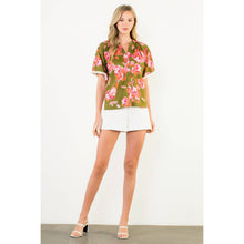Load image into Gallery viewer, Button Down V-Neck Fringe Sleeve Floral Top

