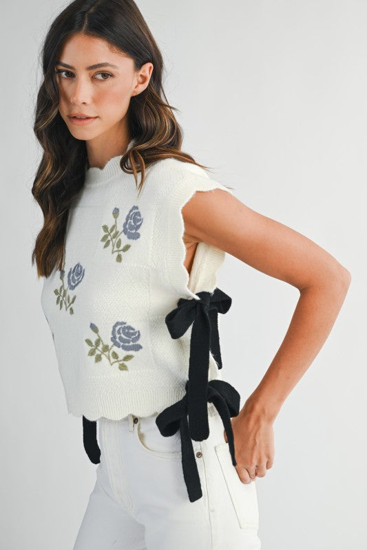 Embroidered Knit Vest with Side Tie