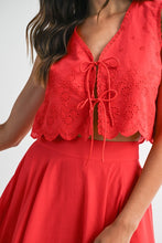 Load image into Gallery viewer, Red Eyelet Button Front Top and Midi Skirt Set
