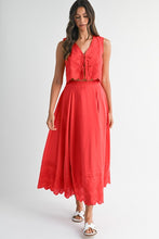 Load image into Gallery viewer, Red Eyelet Button Front Top and Midi Skirt Set
