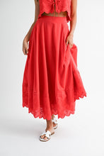 Load image into Gallery viewer, Red Eyelet Button Front Top and Midi Skirt Set
