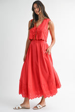Load image into Gallery viewer, Red Eyelet Button Front Top and Midi Skirt Set
