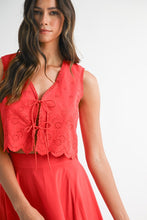 Load image into Gallery viewer, Red Eyelet Button Front Top and Midi Skirt Set
