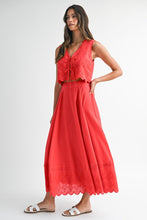 Load image into Gallery viewer, Red Eyelet Button Front Top and Midi Skirt Set
