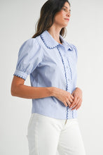 Load image into Gallery viewer, Blue Stripe Button Front Top
