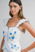 Load image into Gallery viewer, Peplum Top with Blue Embroidered Flowers
