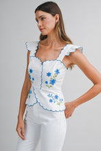 Load image into Gallery viewer, Peplum Top with Blue Embroidered Flowers
