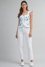 Load image into Gallery viewer, Peplum Top with Blue Embroidered Flowers
