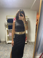 Load image into Gallery viewer, Black Denim Midi Skirt with Side Slit
