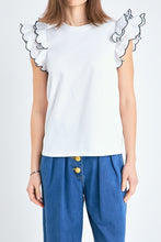 Load image into Gallery viewer, White ruffle top with black Marrow stitch
