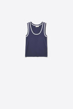 Load image into Gallery viewer, Navy Sleeveless Knit Top with Metallic Trim
