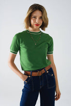 Load image into Gallery viewer, Green short sleeve sweater with white line detail
