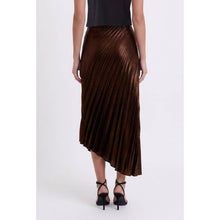 Load image into Gallery viewer, BLACK FAUX LEATHER ASYMMETRICAL HEM STARBURST PLEATING MIDI SKIRT
