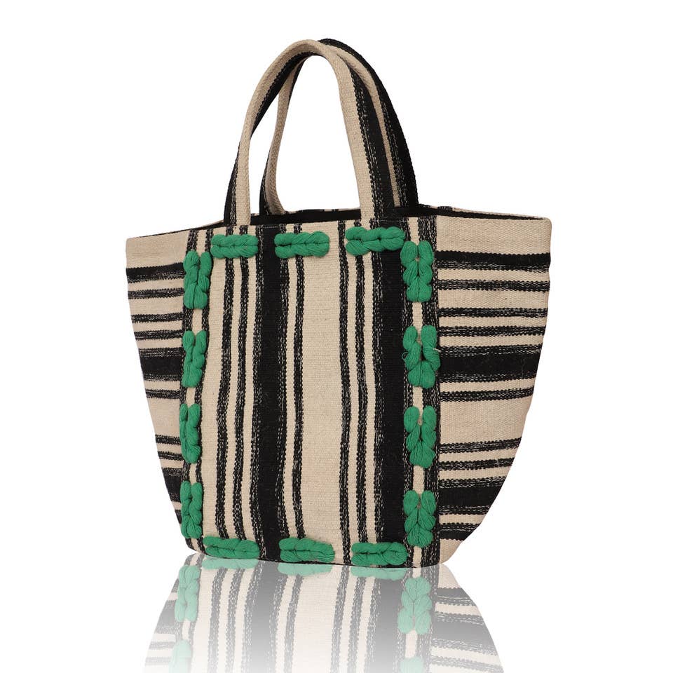 Ivory Black & Green Stripe Pattern Cotton Tote