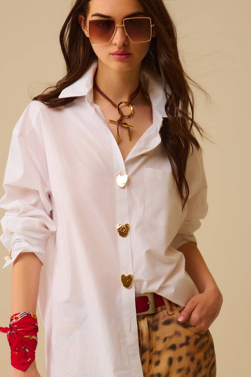 White Oversized Blouse with Gold Heart Buttons