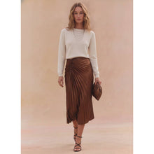 Load image into Gallery viewer, BLACK FAUX LEATHER ASYMMETRICAL HEM STARBURST PLEATING MIDI SKIRT
