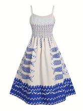 Load image into Gallery viewer, Sardine print smocked sundress seaside ocean strap dress
