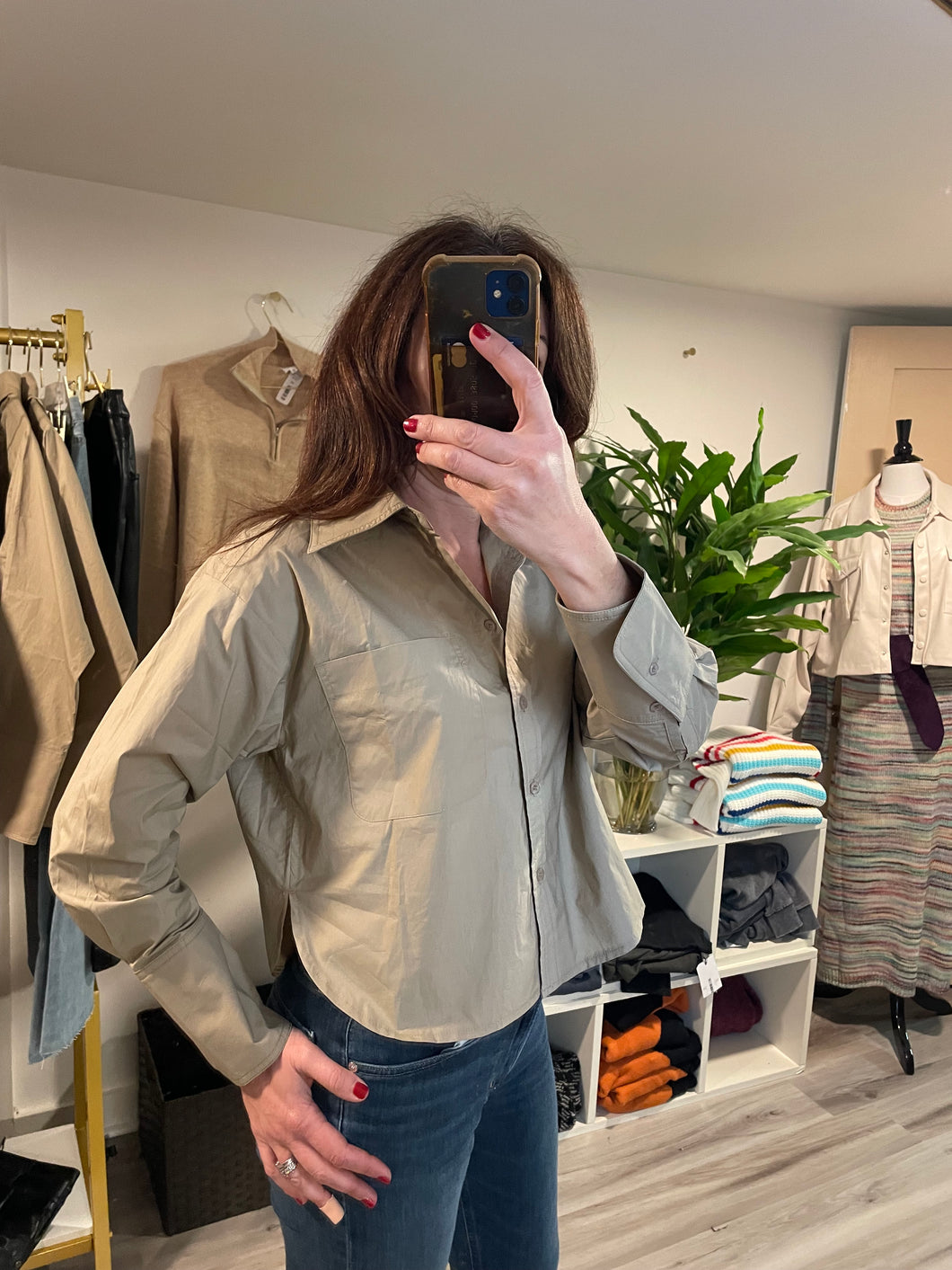 Tan Cropped Button Front Poplin Top