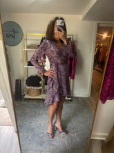 Load image into Gallery viewer, Purple Animal Print Wrap Dress With Ruffle Skirt
